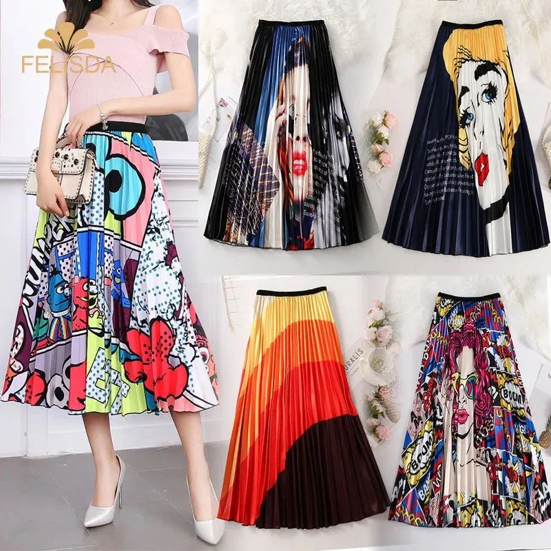 Plus Size Cartoon Print Midi Pleated Skirts