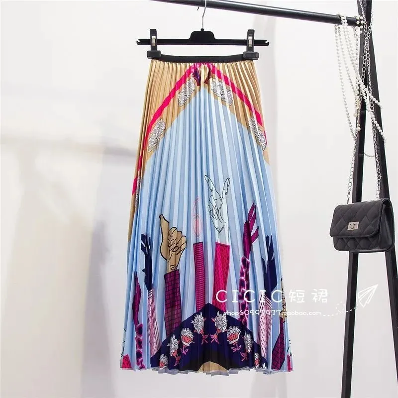 Plus Size Cartoon Print Midi Pleated Skirts