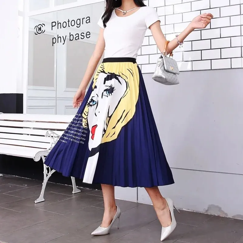 Plus Size Cartoon Print Midi Pleated Skirts