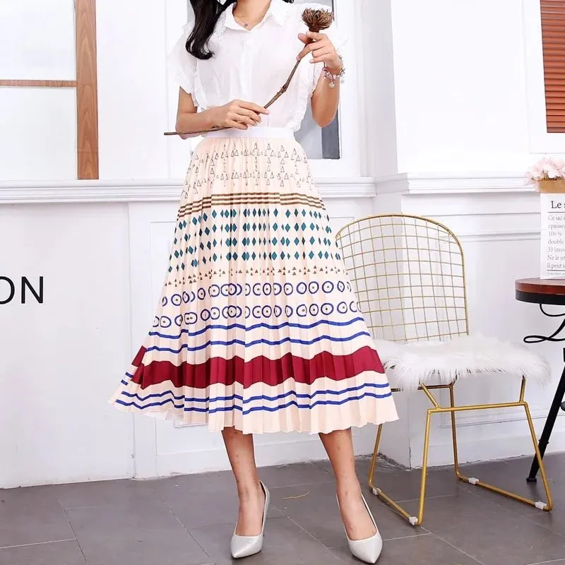 Plus Size Cartoon Print Midi Pleated Skirts