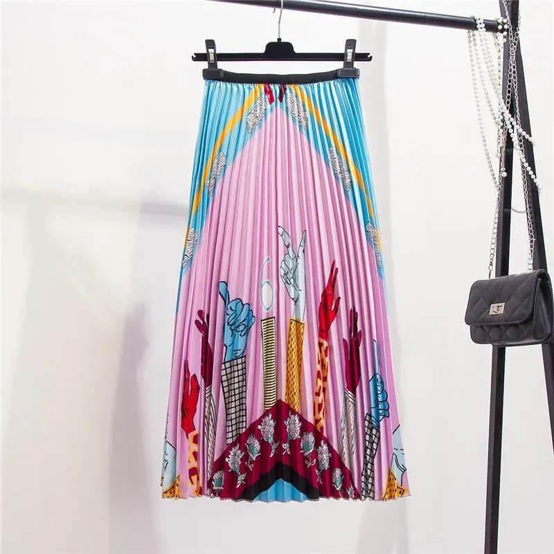 Plus Size Cartoon Print Midi Pleated Skirts