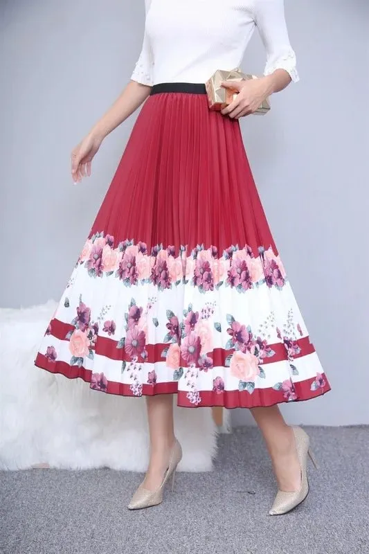 Plus Size Cartoon Print Midi Pleated Skirts