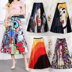 Plus Size Cartoon Print Midi Pleated Skirts