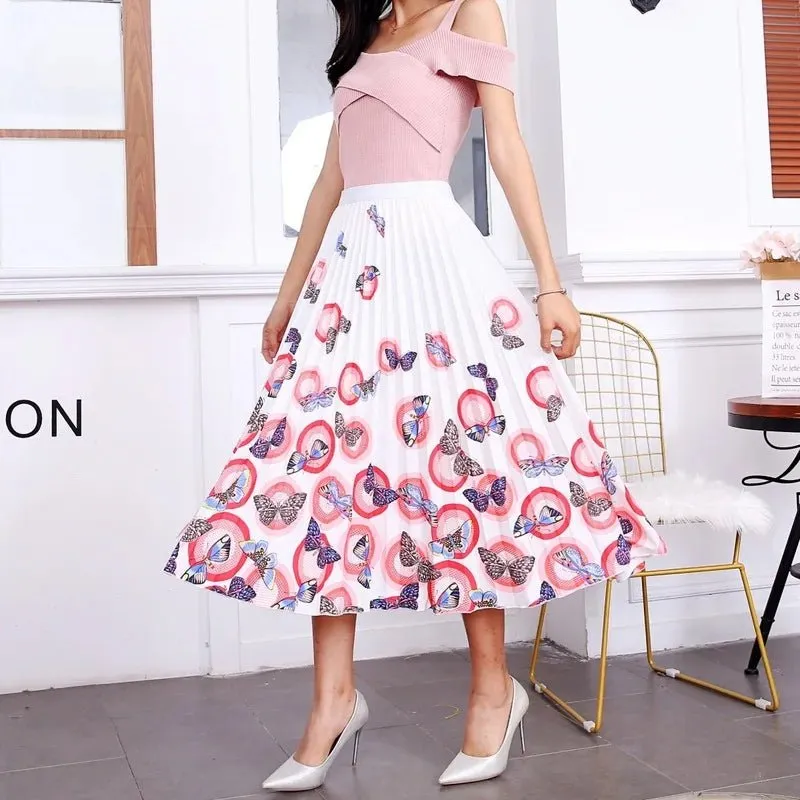 Plus Size Cartoon Print Midi Pleated Skirts
