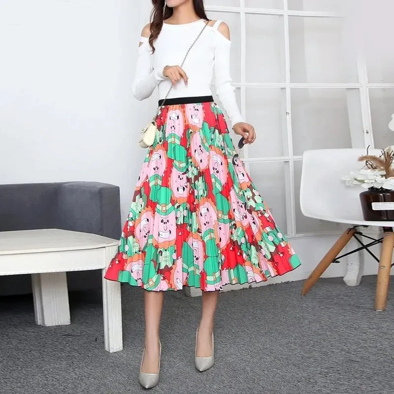 Plus Size Cartoon Print Midi Pleated Skirts