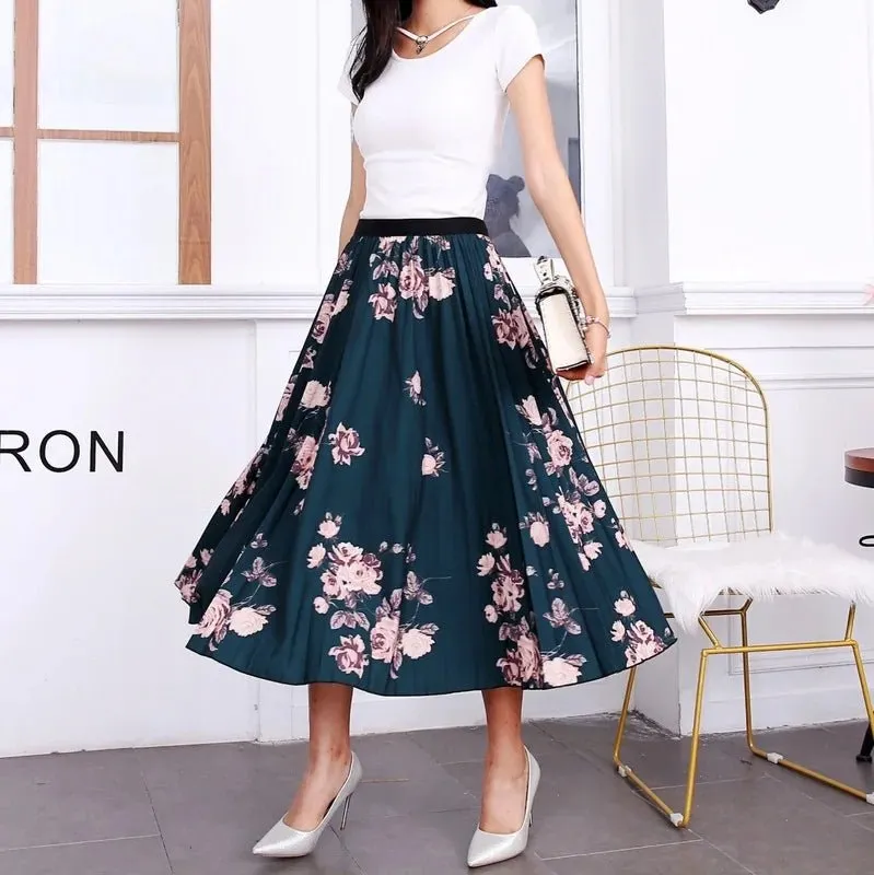 Plus Size Cartoon Print Midi Pleated Skirts