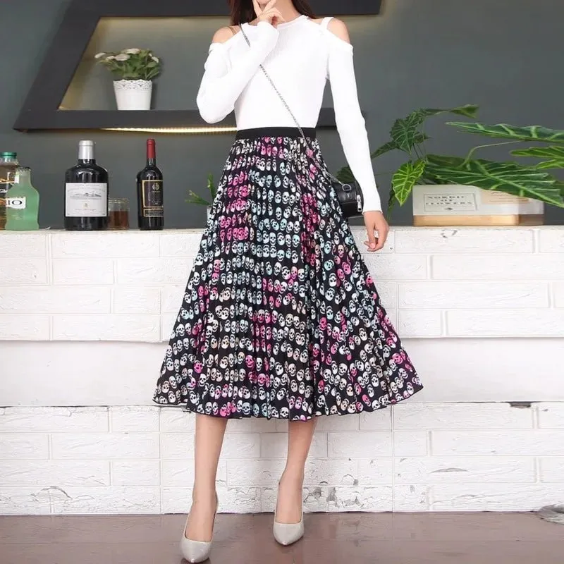 Plus Size Cartoon Print Midi Pleated Skirts