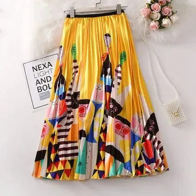 Plus Size Cartoon Print Midi Pleated Skirts