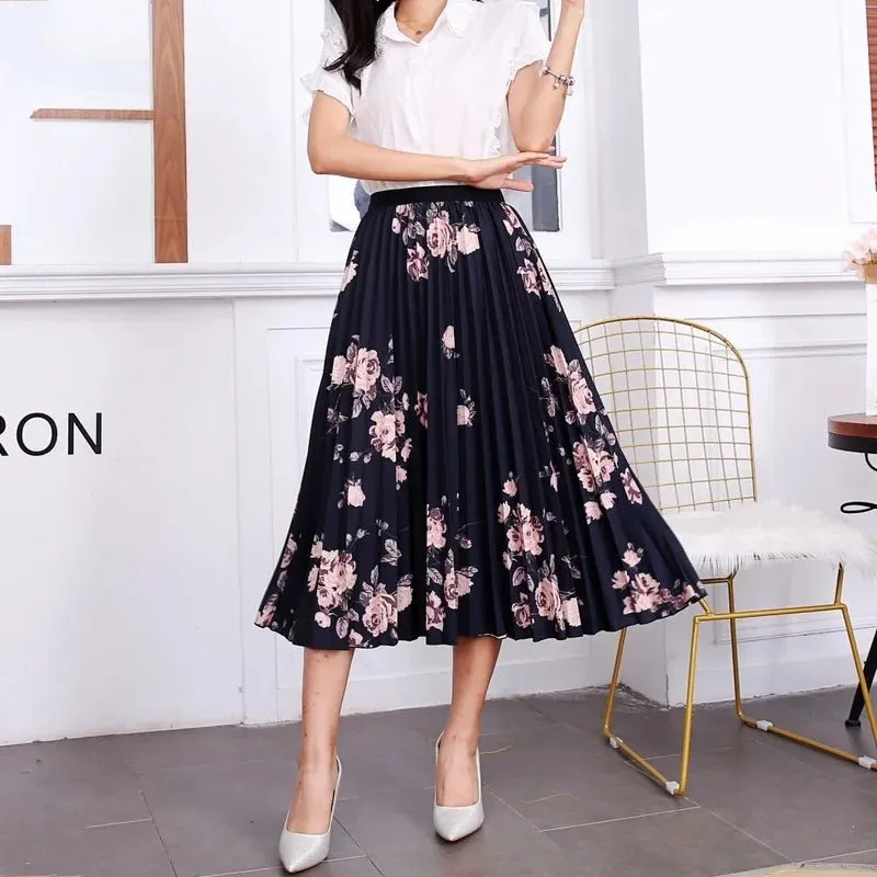 Plus Size Cartoon Print Midi Pleated Skirts