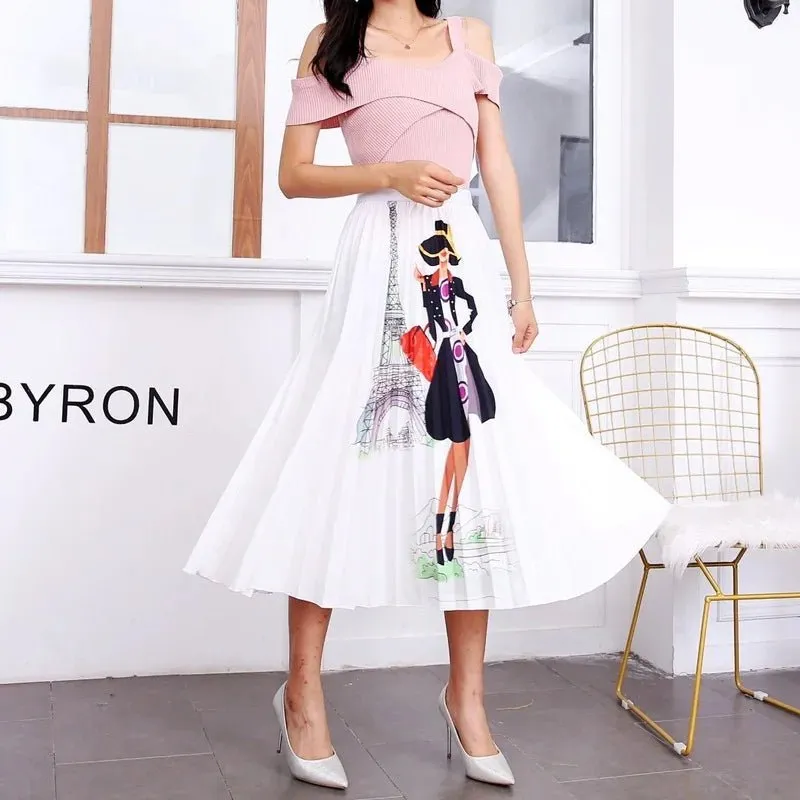 Plus Size Cartoon Print Midi Pleated Skirts