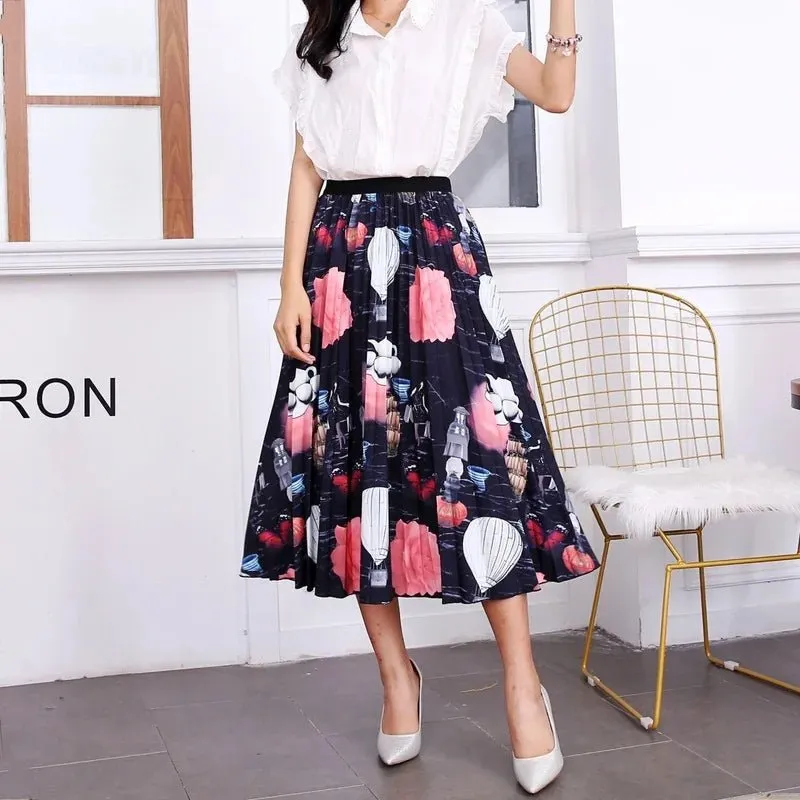 Plus Size Cartoon Print Midi Pleated Skirts