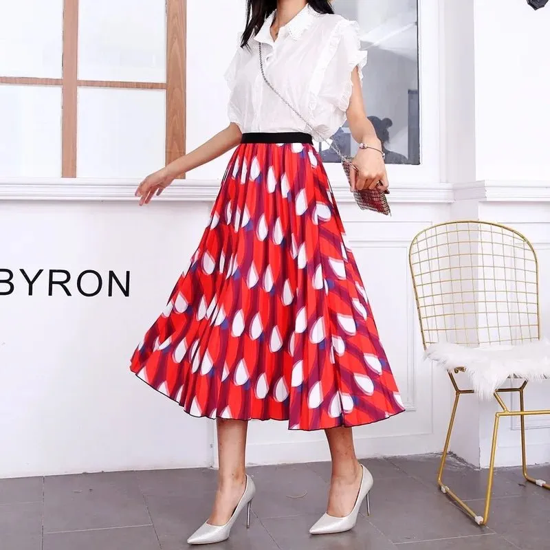 Plus Size Cartoon Print Midi Pleated Skirts