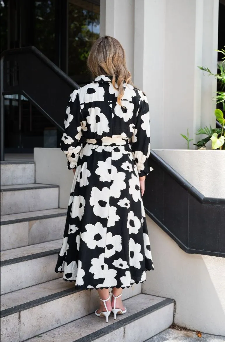 Poppy Print Midi Dress - Black/White