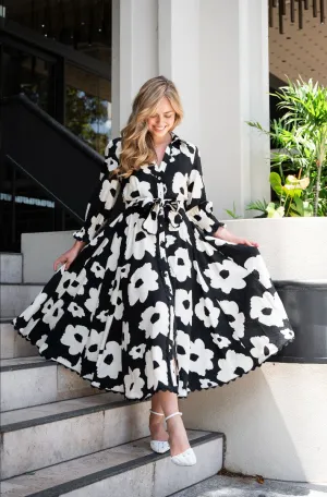 Poppy Print Midi Dress - Black/White