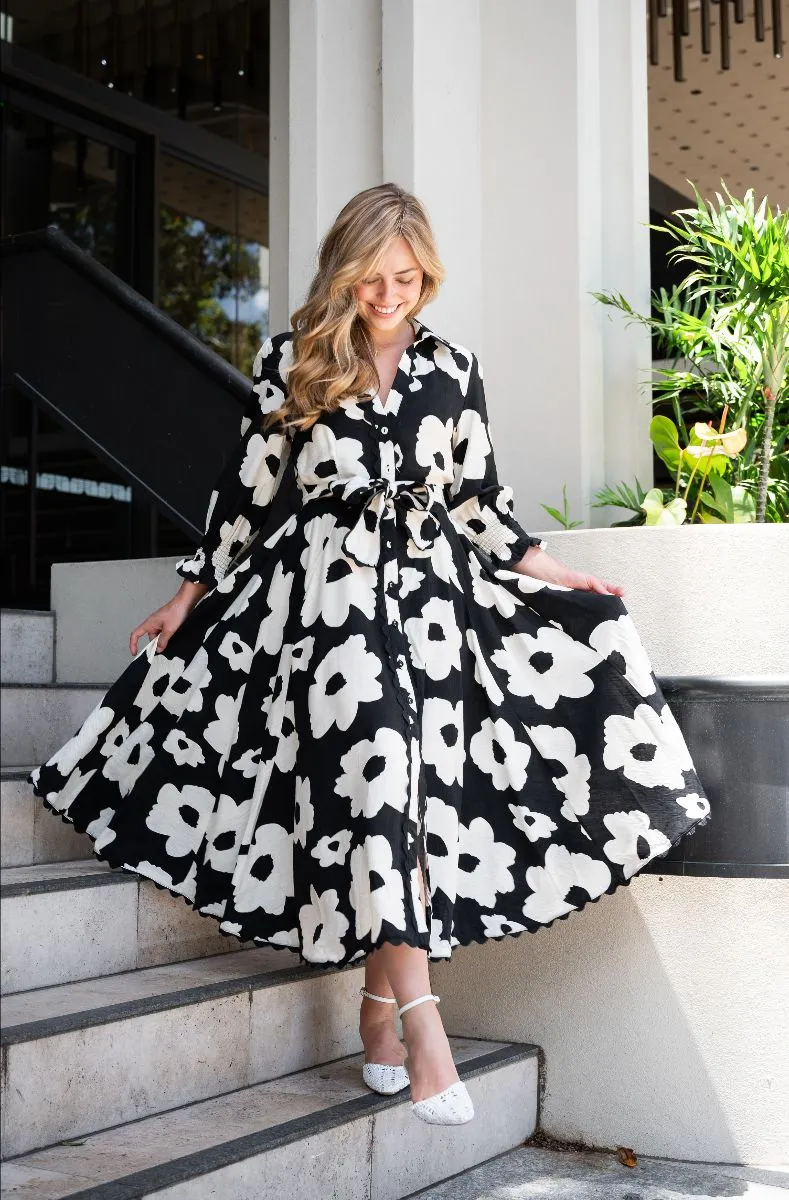 Poppy Print Midi Dress - Black/White