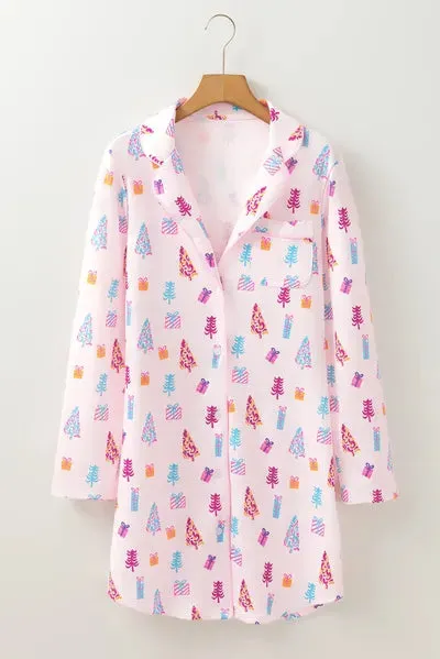 Printed Collared Neck Long Sleeve Lounge Dress