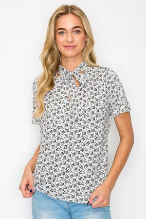 PRINTED V TIE NECK BLOUSE
