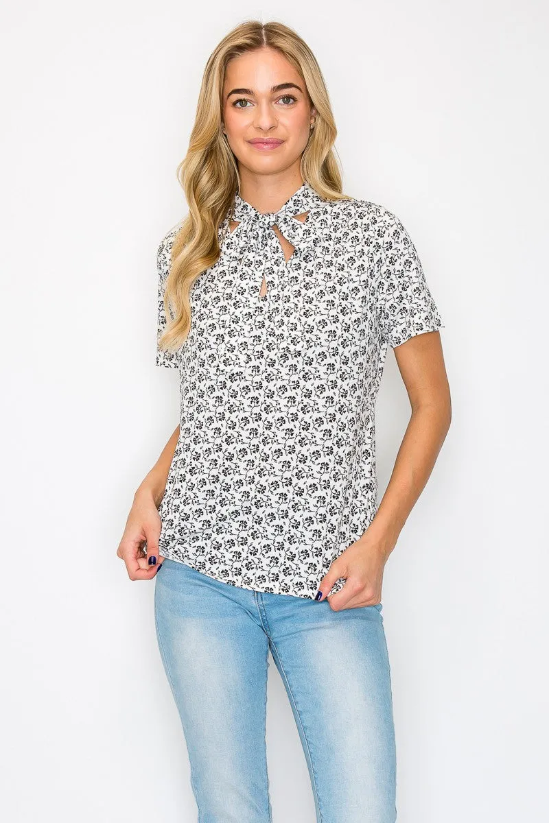 PRINTED V TIE NECK BLOUSE