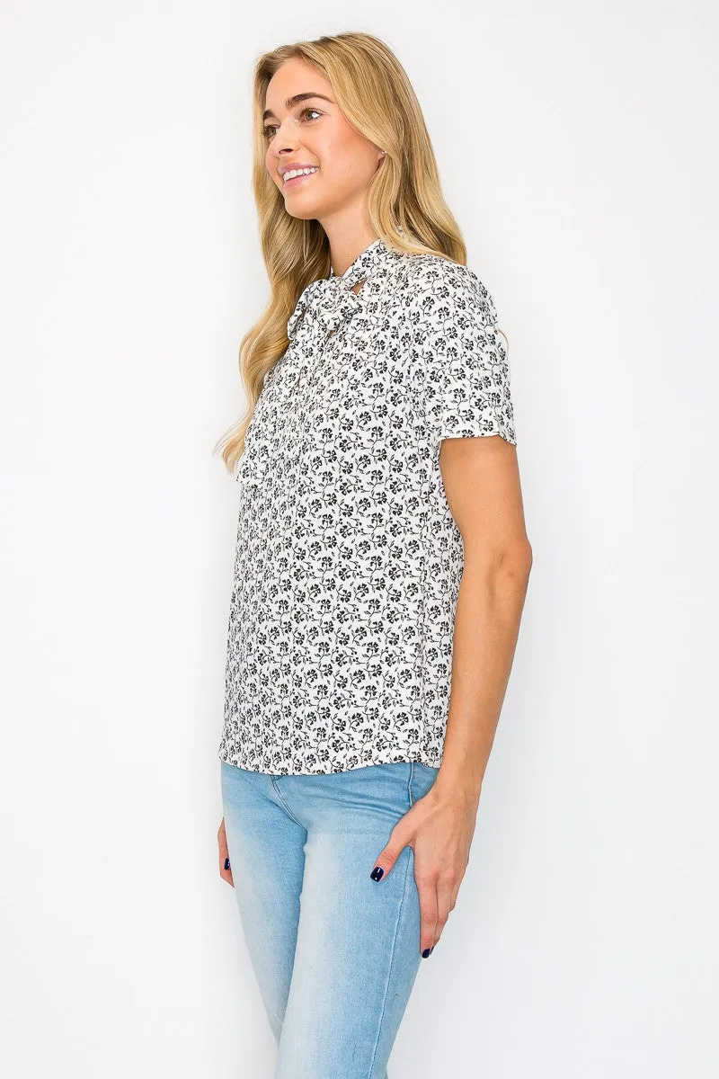 PRINTED V TIE NECK BLOUSE