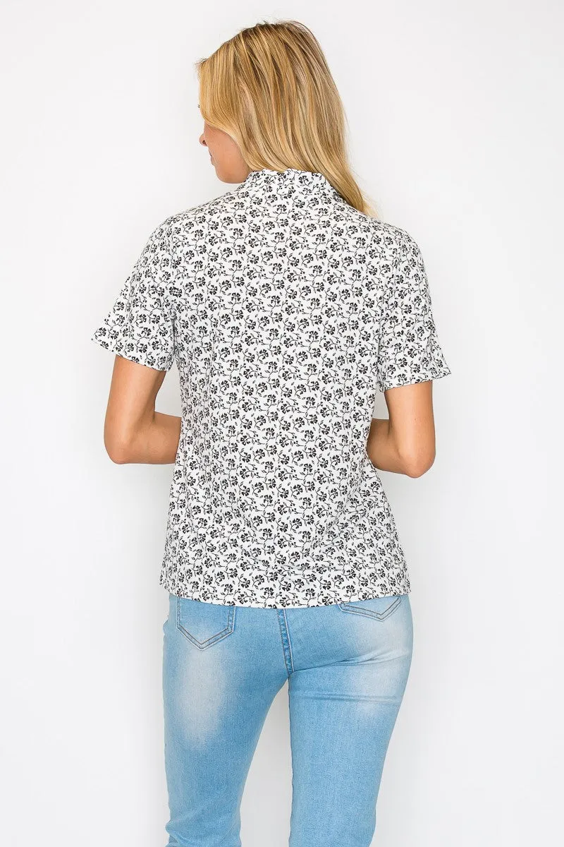 PRINTED V TIE NECK BLOUSE
