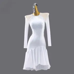 Professional White Ruffles Latin Dance Dresses for Women Girls Long Sleeve Bling Salsa Rumba Chacha Dance Performance Outfits
