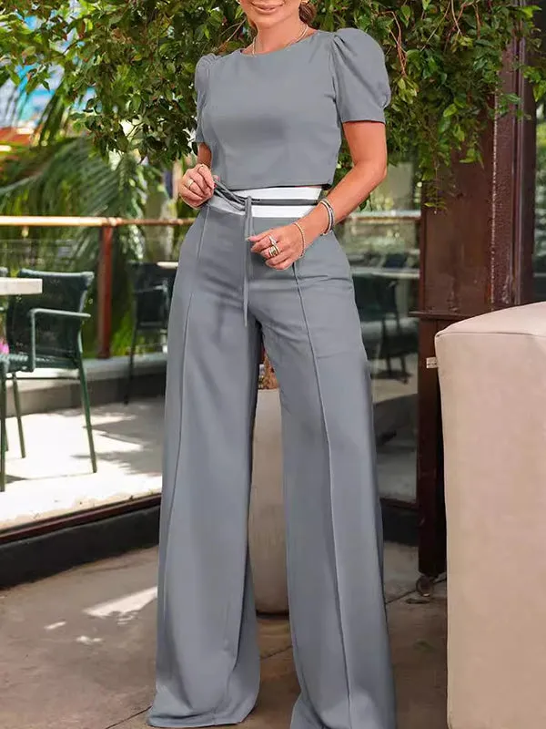 Puff Sleeves Short Sleeves Drawstring Solid Color Split-Joint Round-Neck T-Shirts Tops&Pants Two Pieces Set