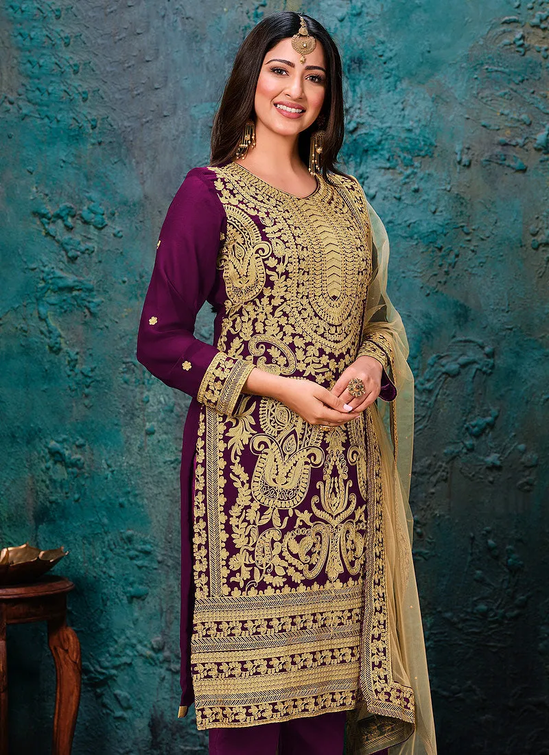 Purple Golden Embroidered Pant Style Suit