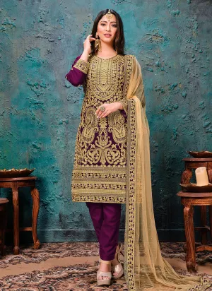 Purple Golden Embroidered Pant Style Suit