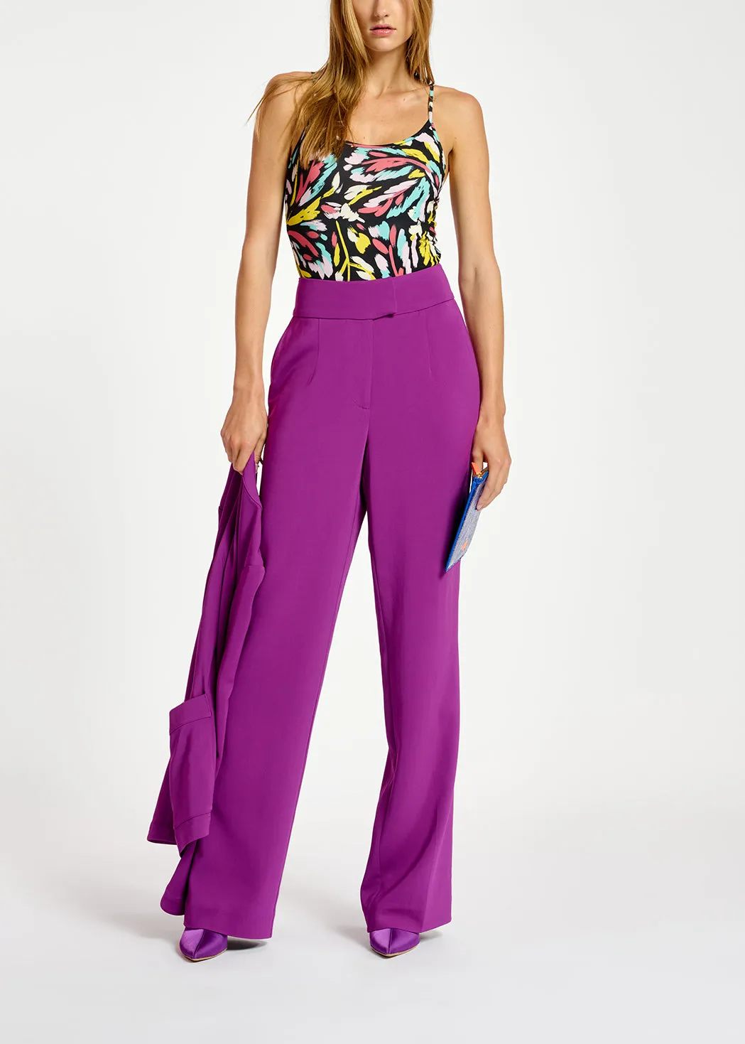 Purple viscose-satin straight-leg pants