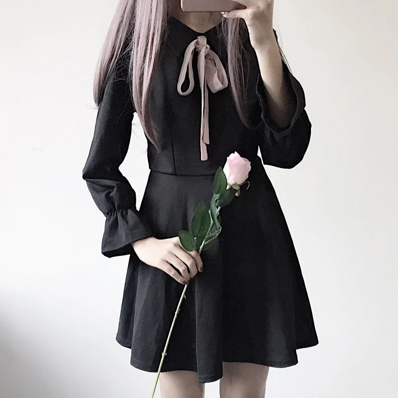 "BOW BLACK LONG SLEEVE" DRESS K042601