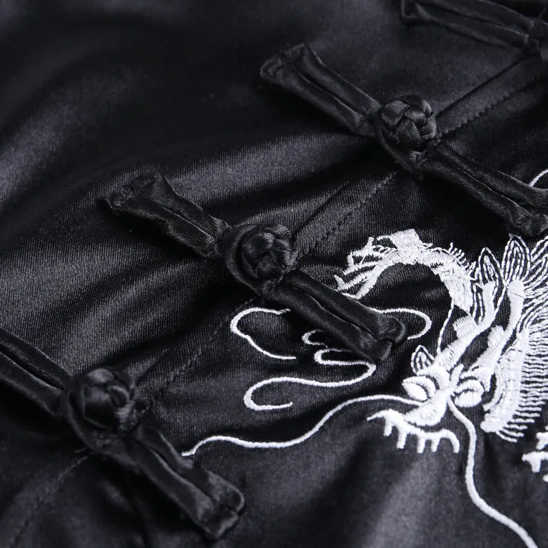 "Dark Embroidered Dragon" Long Cheongsam Dress Y040703