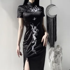 "Dark Embroidered Dragon" Long Cheongsam Dress Y040703