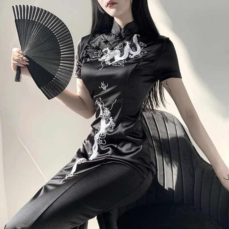 "Dark Embroidered Dragon" Long Cheongsam Dress Y040703