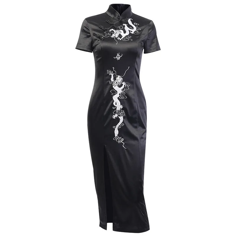 "Dark Embroidered Dragon" Long Cheongsam Dress Y040703