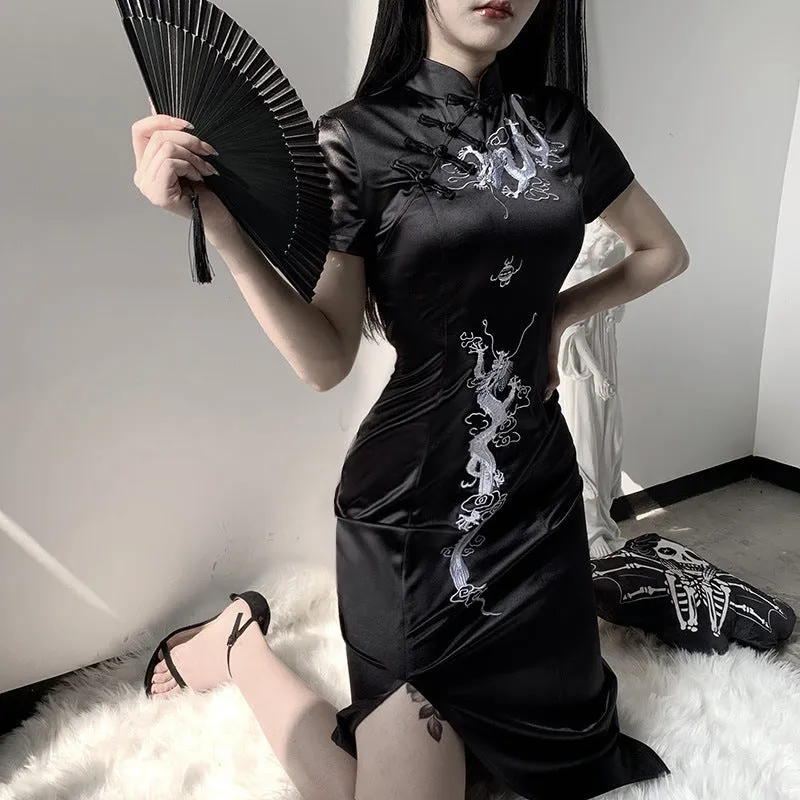 "Dark Embroidered Dragon" Long Cheongsam Dress Y040703