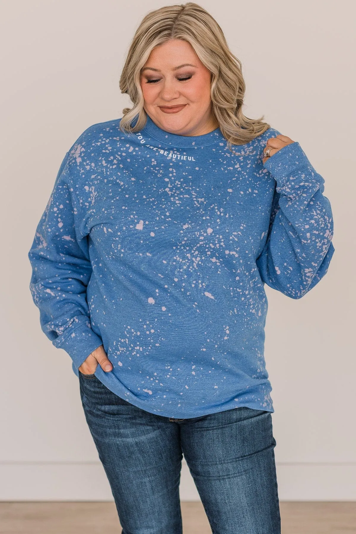 "You Are Beautiful" Bleached Crew Neck- Royal Blue
