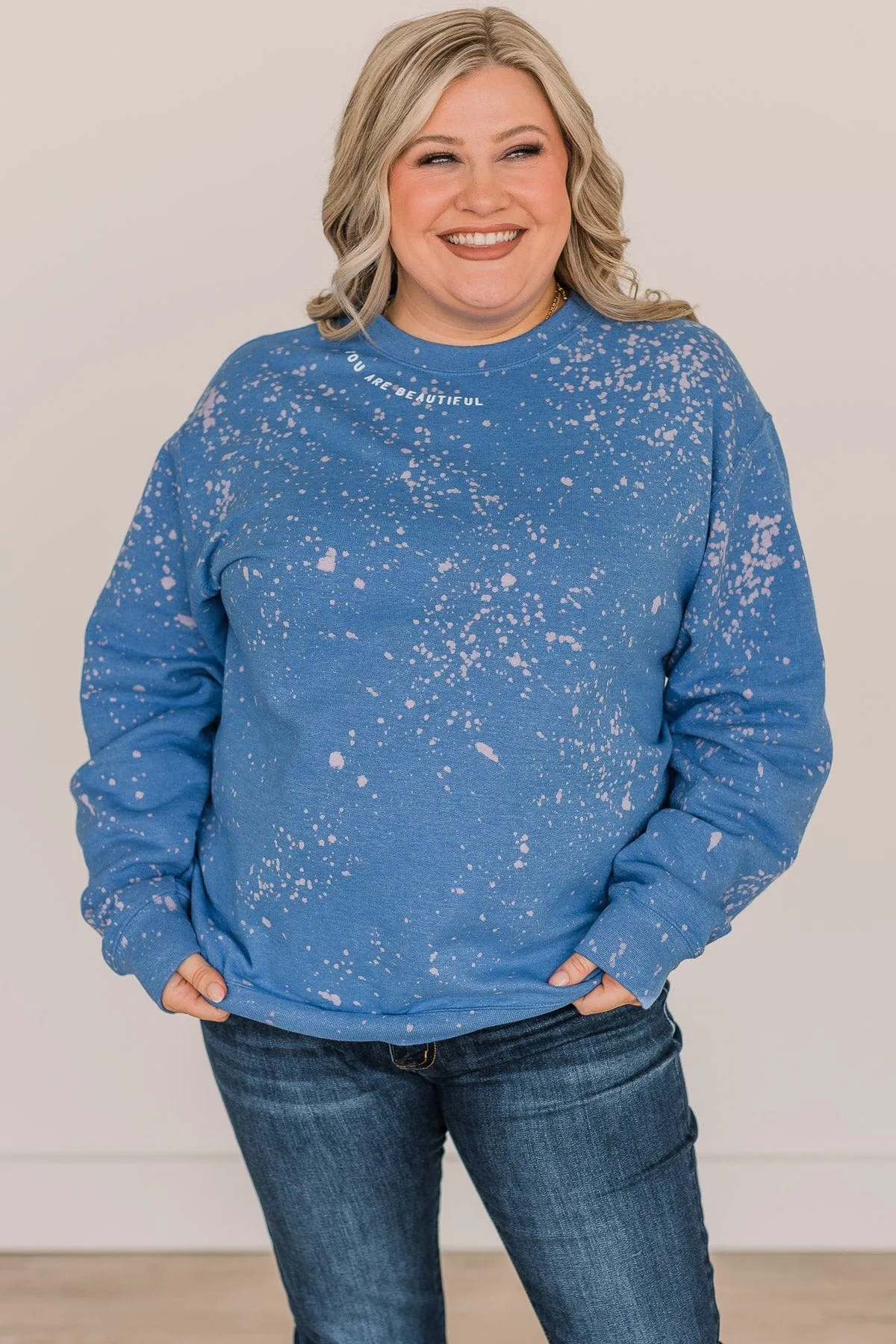 "You Are Beautiful" Bleached Crew Neck- Royal Blue