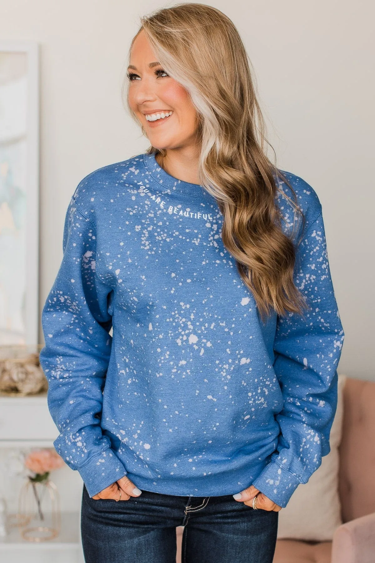 "You Are Beautiful" Bleached Crew Neck- Royal Blue