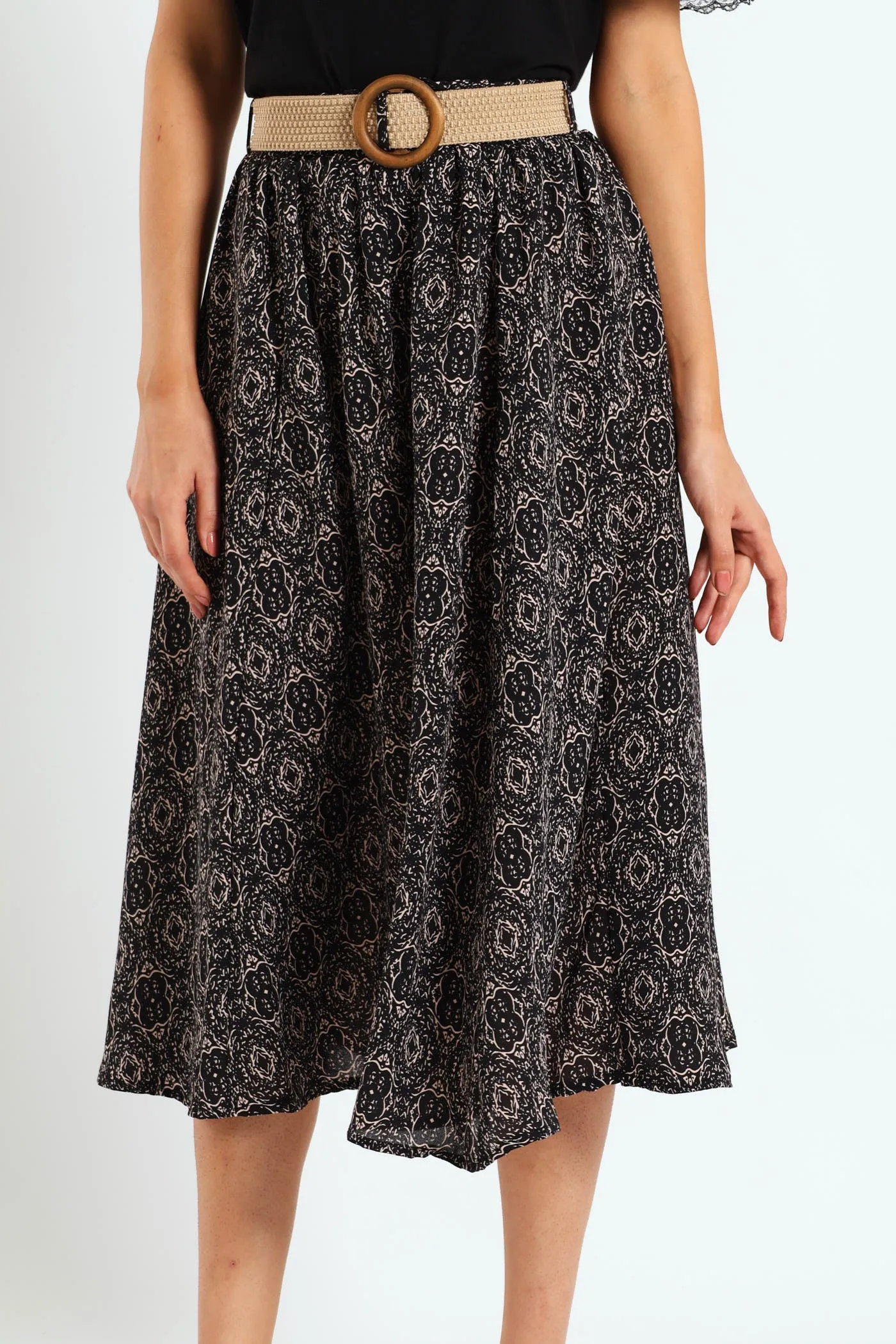 Rafia Belted Pleated Midi Skirt - Black/Beige