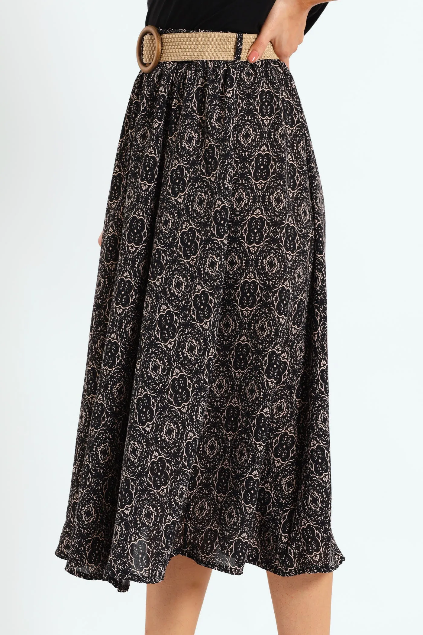 Rafia Belted Pleated Midi Skirt - Black/Beige