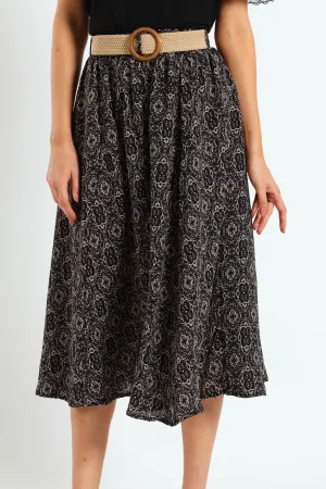 Rafia Belted Pleated Midi Skirt - Black/Beige