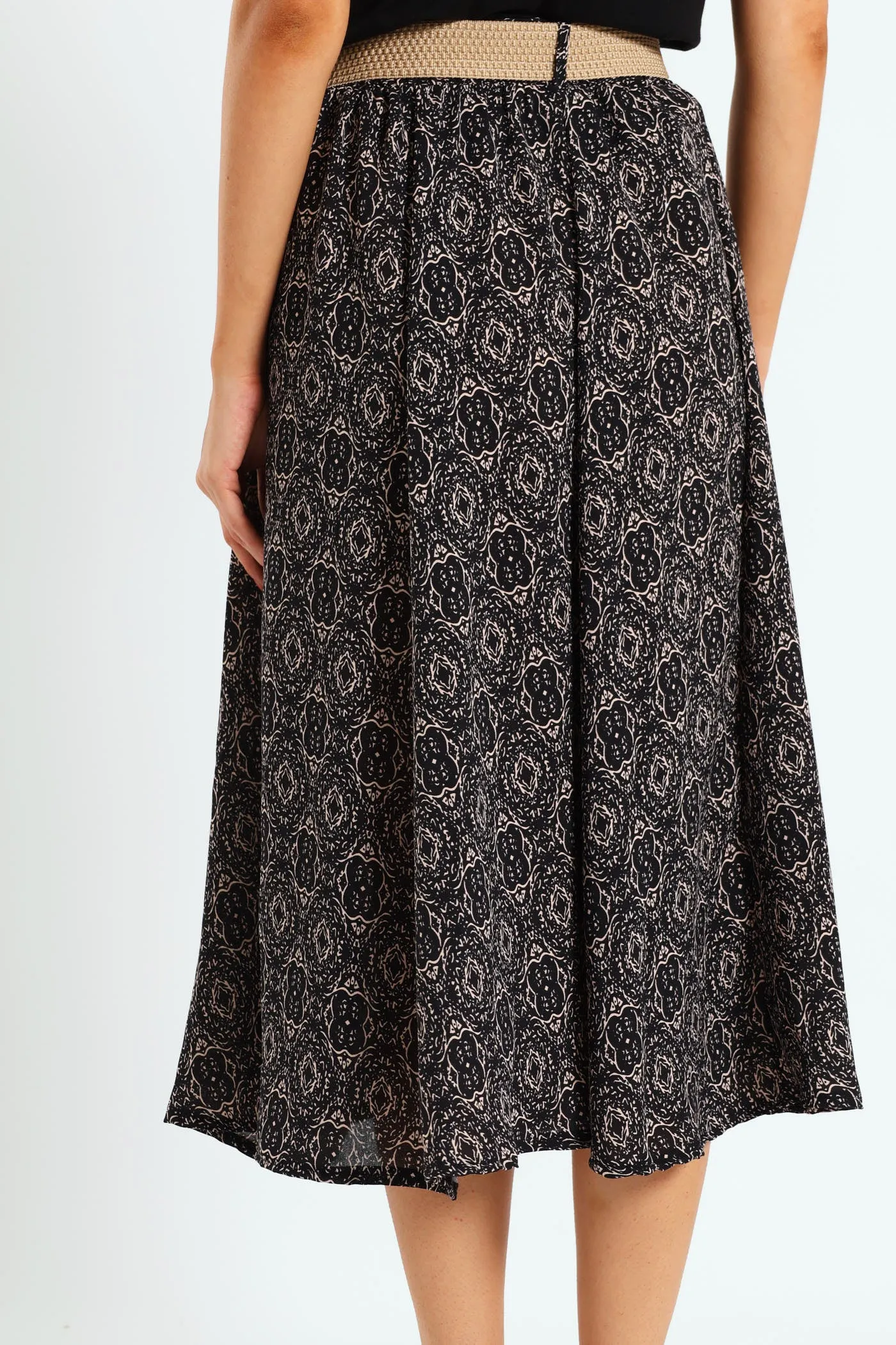 Rafia Belted Pleated Midi Skirt - Black/Beige