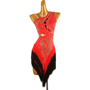 Red Black One Shoulder Latin Competition Dresses for Women Girls Slant Neck Diamond Bling Gradual Change Fringed Latin Salsa Chacha Dance Costume