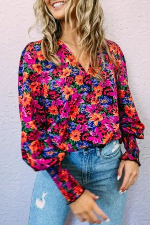 Red Floral Print Wrap V Neck Long Sleeve Bodysuit