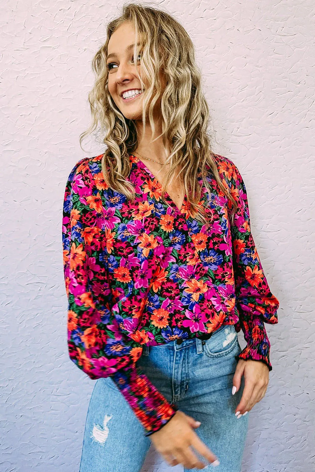 Red Floral Print Wrap V Neck Long Sleeve Bodysuit
