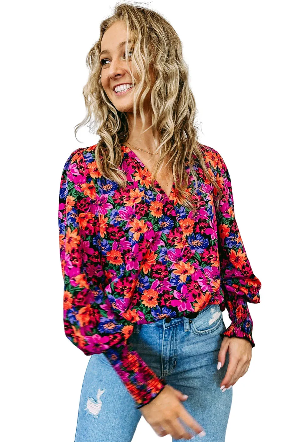 Red Floral Print Wrap V Neck Long Sleeve Bodysuit