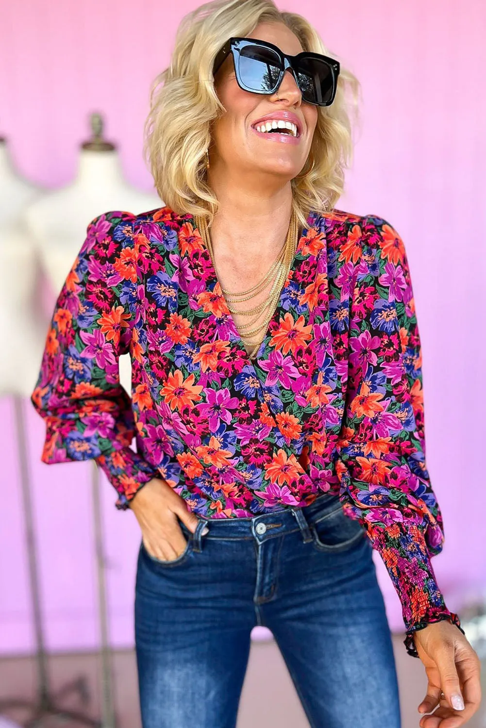 Red Floral Print Wrap V Neck Long Sleeve Bodysuit