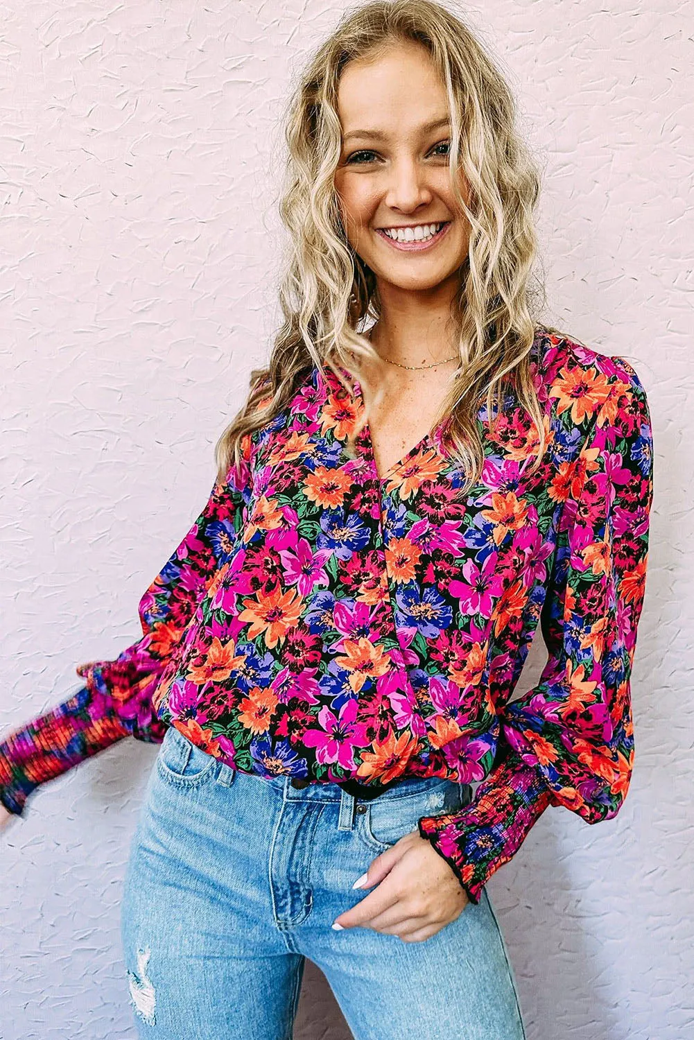 Red Floral Print Wrap V Neck Long Sleeve Bodysuit