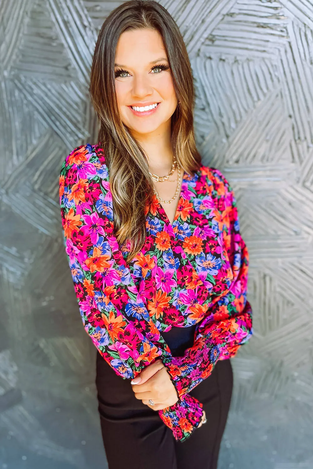 Red Floral Print Wrap V Neck Long Sleeve Bodysuit
