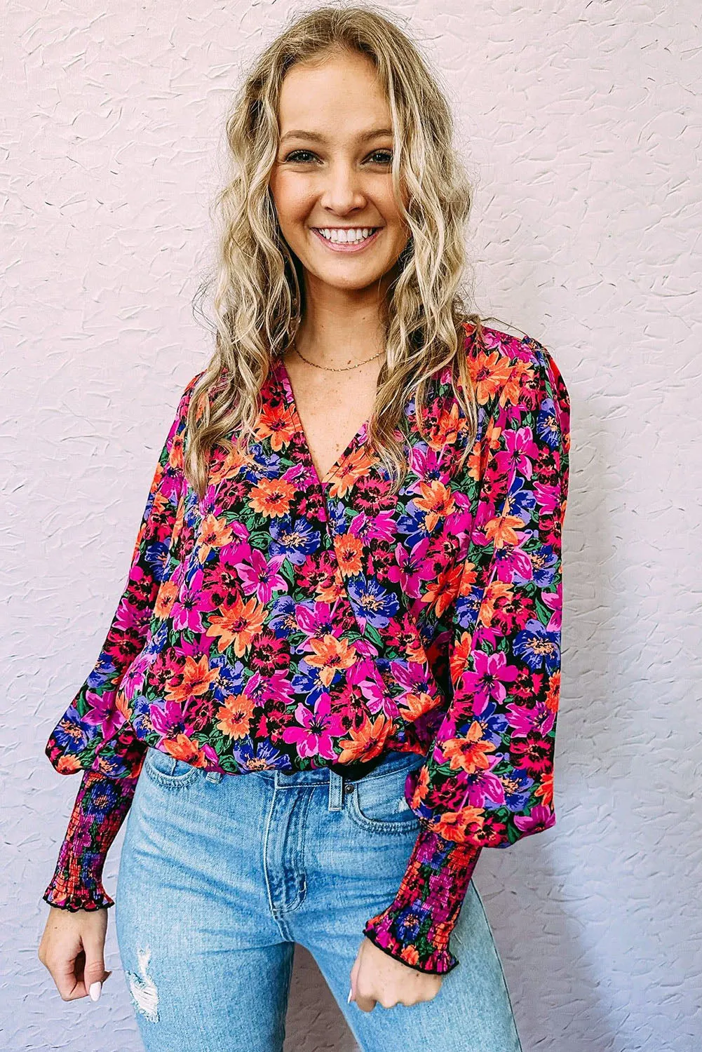 Red Floral Print Wrap V Neck Long Sleeve Bodysuit